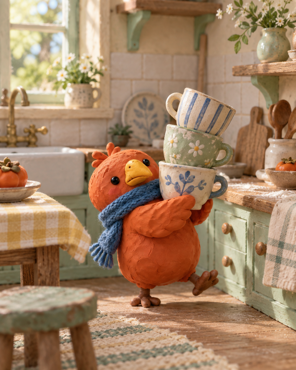 Orange clay bird balancing ceramic cups in a mint kitchen
