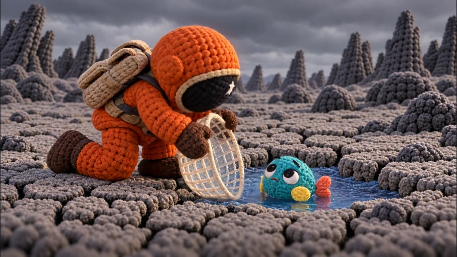 An astronaut and fish sharing a quiet moment in a small animated world