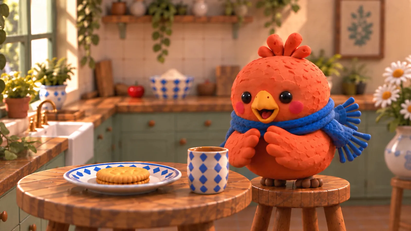 A chicken racing after a biscuit in a playful clay kitchen