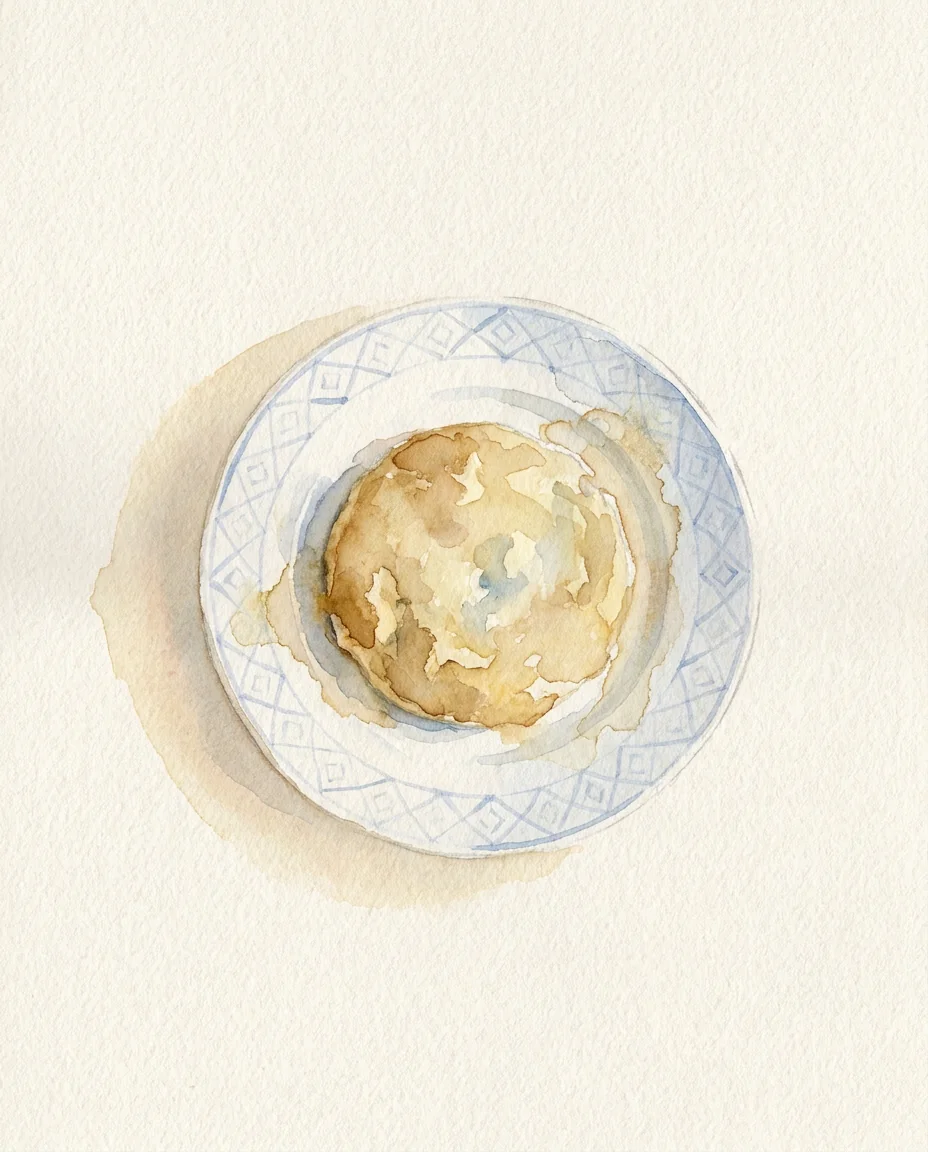 Watercolour of a round biscuit on a blue and white patterned plate, seen from above