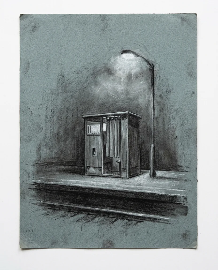 Charcoal drawing of a small photo booth on a station platform under a glowing street lamp at night