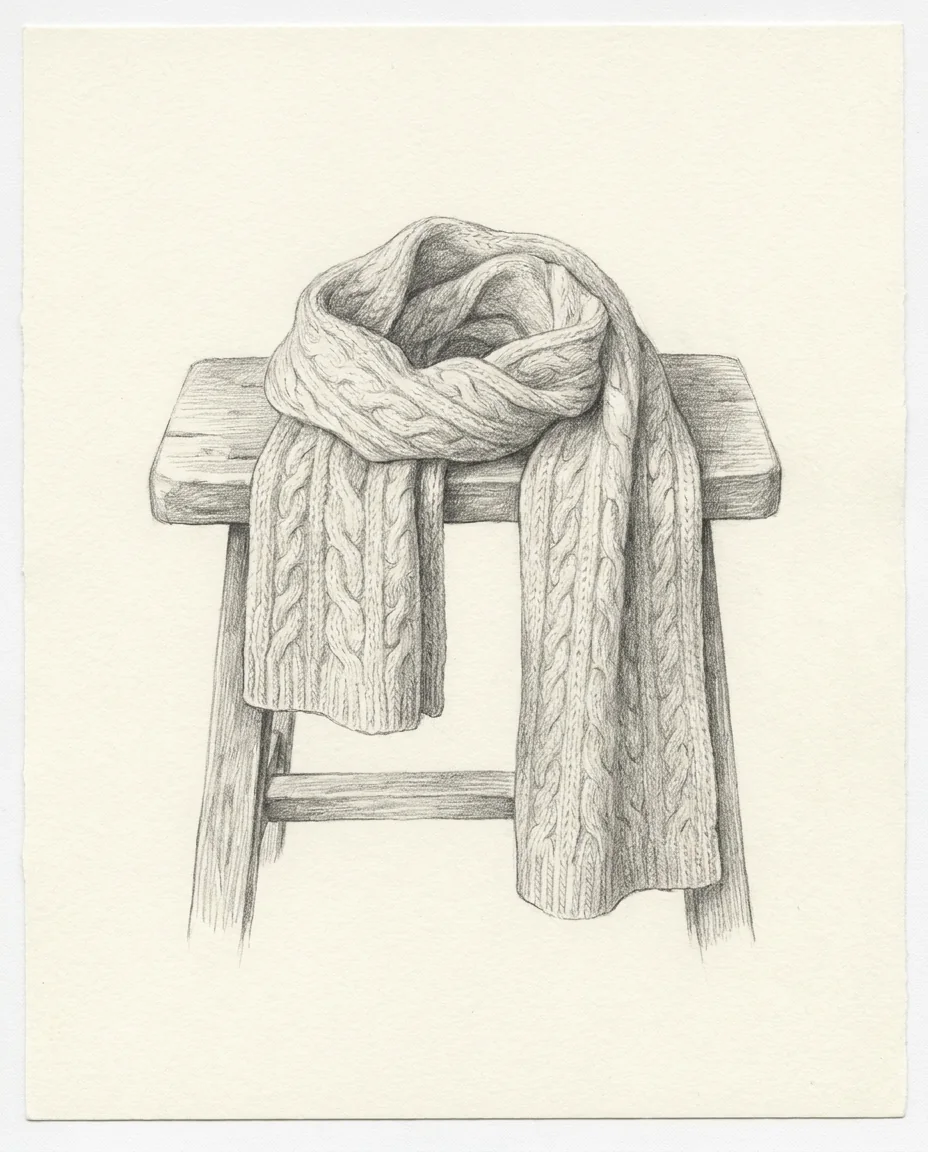Pencil drawing of a chunky cable-knit scarf draped over a wooden stool