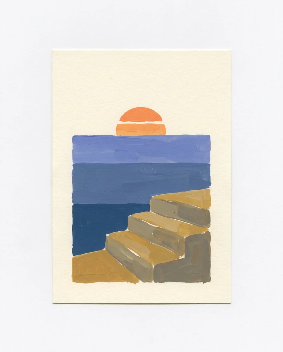 Gouache painting of an orange sun sitting on the horizon above a blue sea, with stone steps leading down to the water