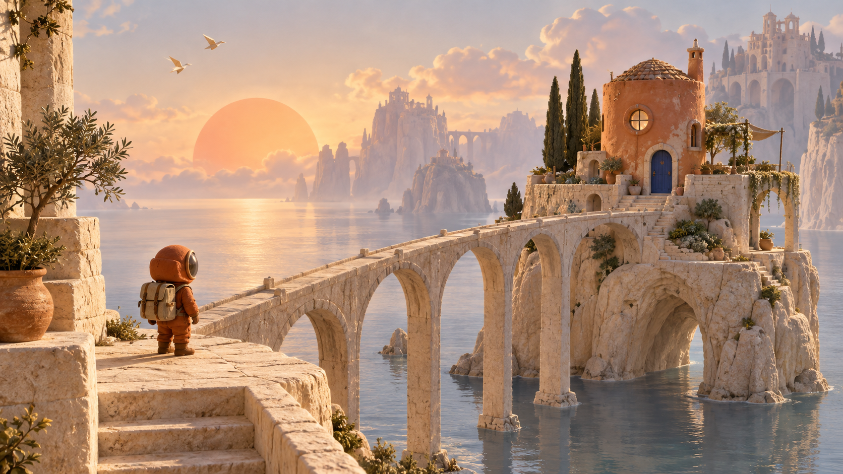 Orange explorer at a sandstone bridge and island house