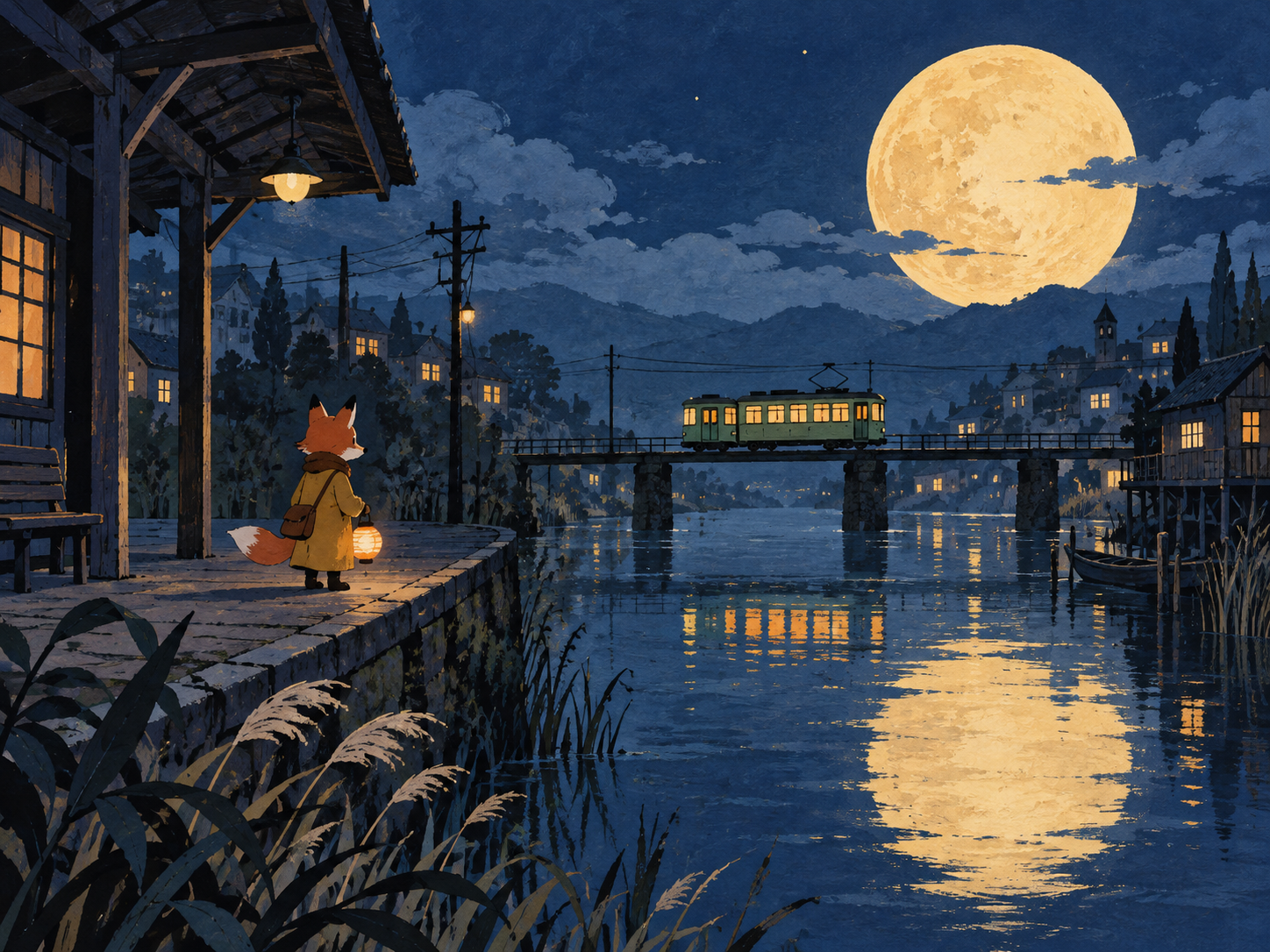 Fox with a lantern by a moonlit tram