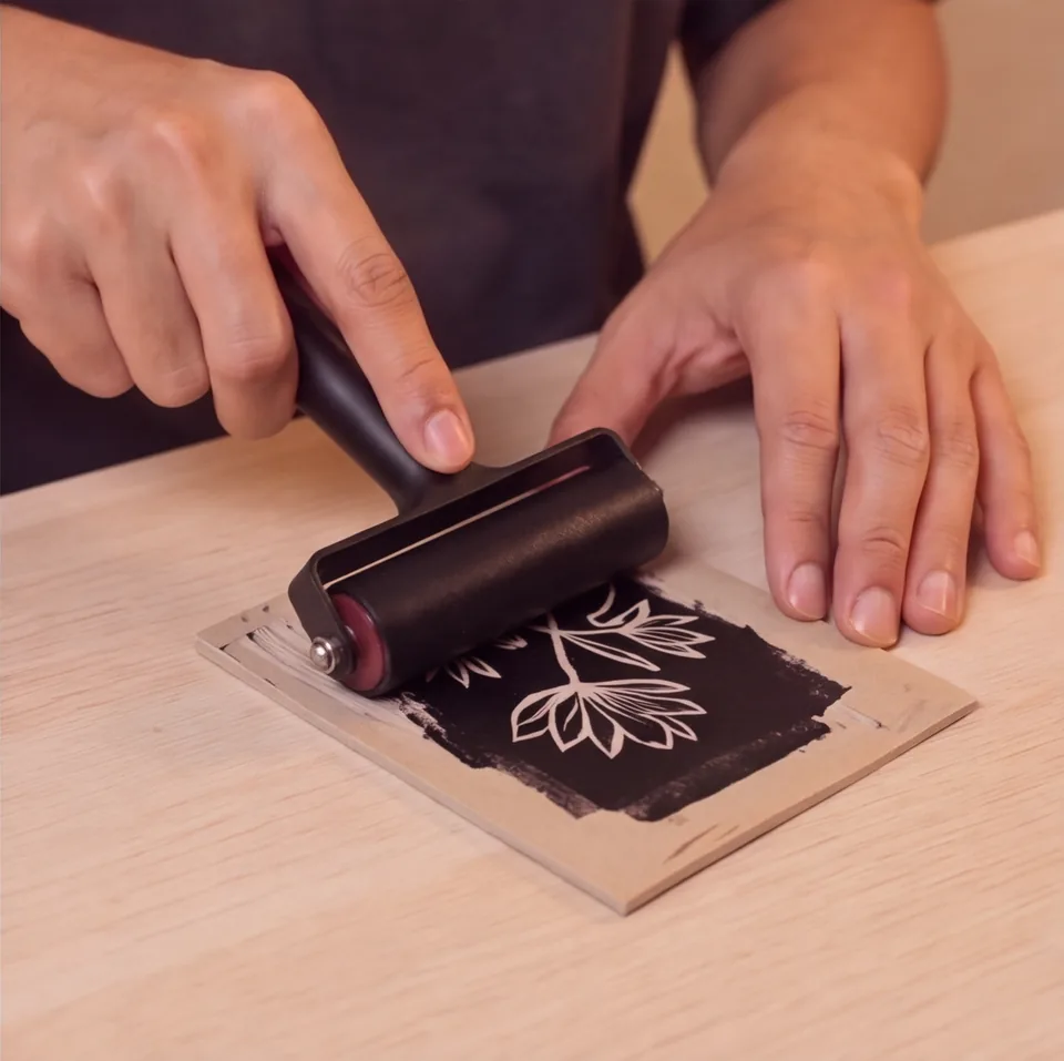 Rolling ink onto the carved block.